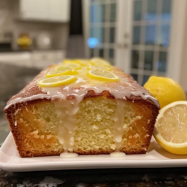 Brighten Your Day with a Delicious Lemon Loaf Cake A side view of a moist lemon loaf cake with a vibrant lemon glaze.