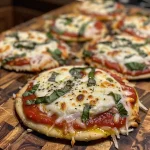 Close-up view of mini flatbread pizzas topped with melted mozzarella and fresh basil.