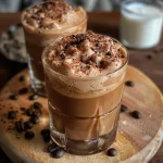 Close-up of a frothy Mocha Cold Brew Coffee in a clear glass, showcasing its rich, dark color.