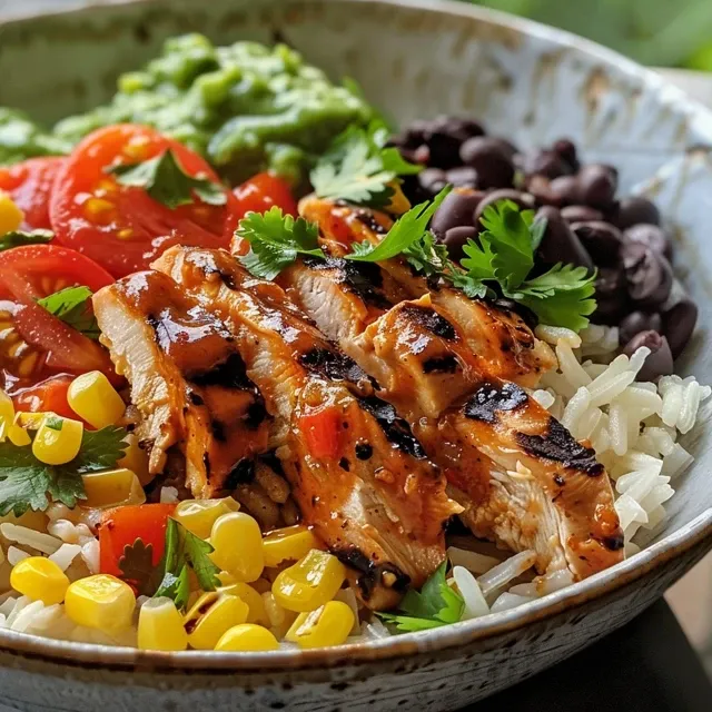 Detailed view of a Chipotle Chicken Bowl with cubed chicken, black beans, and fresh cilantro over rice.