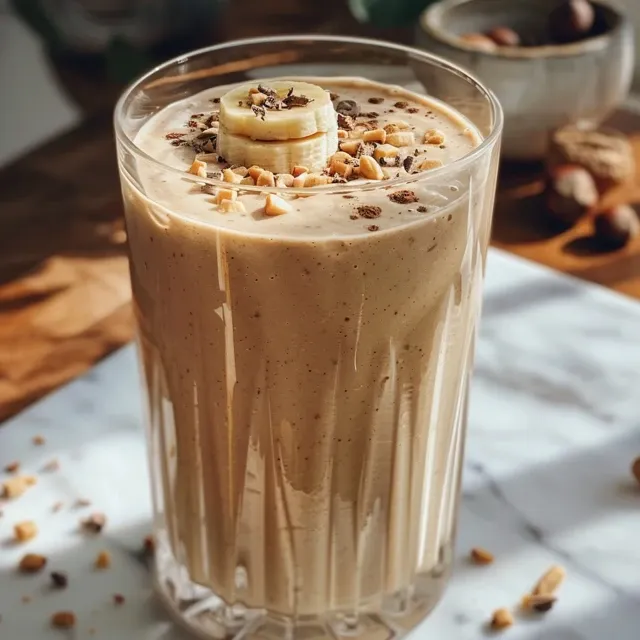 A refreshing vegan smoothie featuring banana and peanut butter, displayed in a clear glass with a straw.
