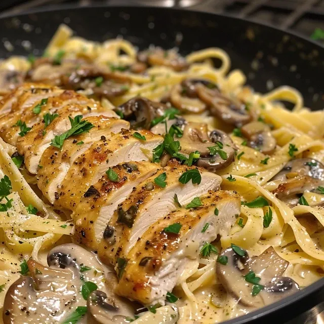 A close-up view of One Pan Chicken & Mushroom Alfredo featuring tender chicken and pasta.