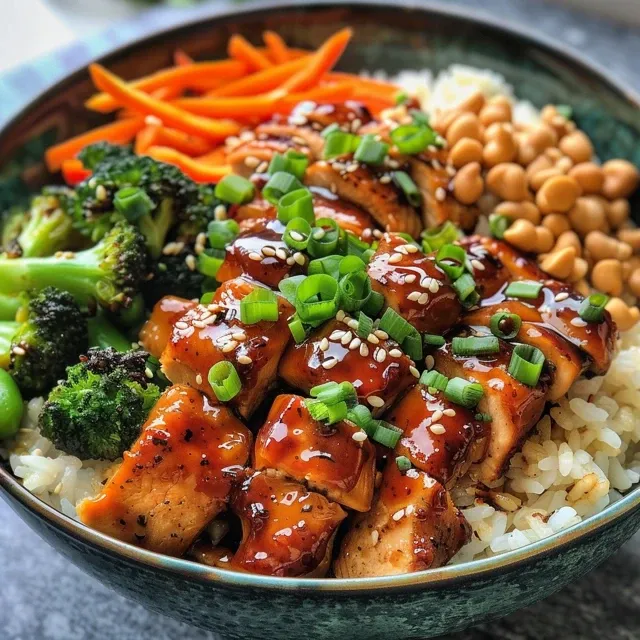 Side view of a scrumptious Teriyaki Chicken Bowl featuring chicken, rice, and fresh veggies.