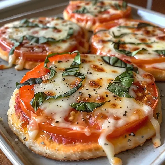 A side view of juicy mini flatbread pizzas with cheese and herbs.
