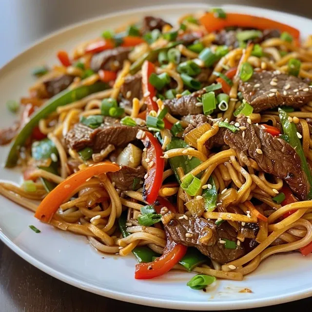 Side view of Beef Chow Mein with noodles, beef, and fresh vegetables, highlighting its juicy texture.