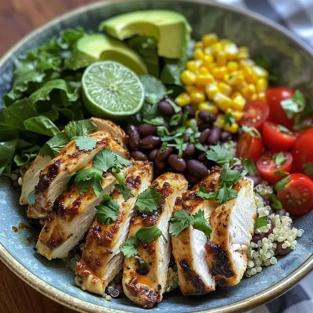 A side view of a delicious quinoa bowl featuring juicy chicken and fresh vegetables.
