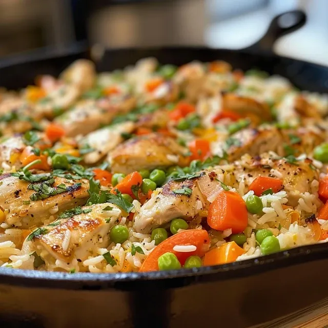 Side view of a delicious chicken rice dish with juicy chicken thighs, diced vegetables, and fluffy rice sprinkled with herbs.