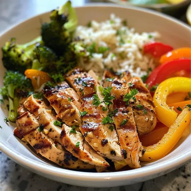Side perspective of a vibrant chicken and vegetable rice bowl with fresh ingredients.