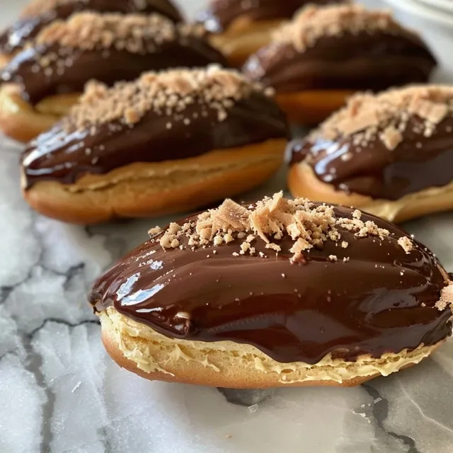 Elevate Your Dessert Game with Irresistible Chocolate-Dipped Mini Éclairs Detailed image of chocolate-dipped mini éclairs, emphasizing the smooth texture and golden pastry.