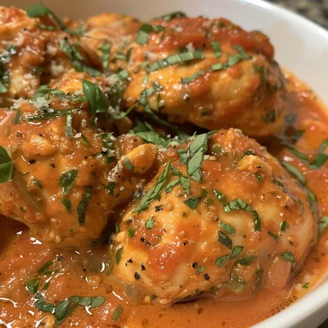 Indulge in Comfort: Creamy Tomato Basil Chicken Breasts That Will Warm Your Heart Side view of a succulent chicken breast dish with tomato and basil, showcasing rich sauce and texture.