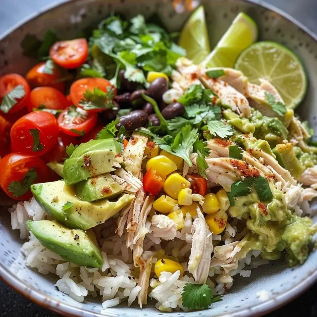 Elevate Your Weeknight Dinner with a Creamy Avocado Chicken Rice Bowl Juicy chicken breast slices on rice, topped with creamy avocado and colorful ingredients.