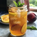 Iced peach green tea lemonade displayed in a clear glass with ice, showcasing vibrant colors of peach and green tea.