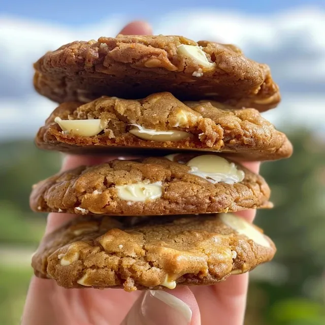 A delicious cookie showcasing a melted Biscoff filling and chunks of white chocolate.