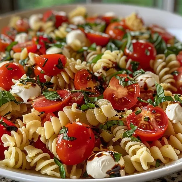 Transforming Fresh Ingredients into a Summer Classic: Caprese Pasta Salad Detailed side view of Caprese Pasta Salad with tomatoes, basil, and balsamic glaze.
