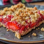 Detailed image of homemade oatmeal crumble bars with strawberries and a golden crust.