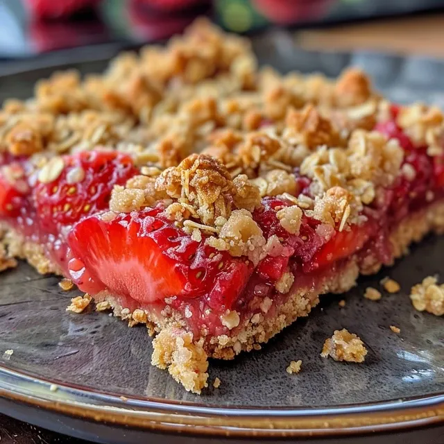 Crafting the Ultimate Chewy Strawberry Oatmeal Crumble Bars: A Step-by-Step Journey Detailed image of homemade oatmeal crumble bars with strawberries and a golden crust.