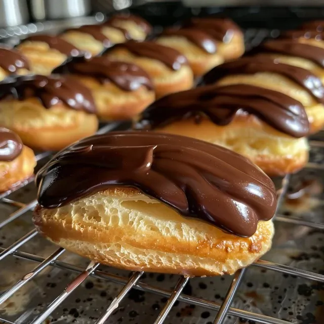 Close-up shot of perfectly crafted mini éclairs with a shiny chocolate glaze, revealing their delicious filling.