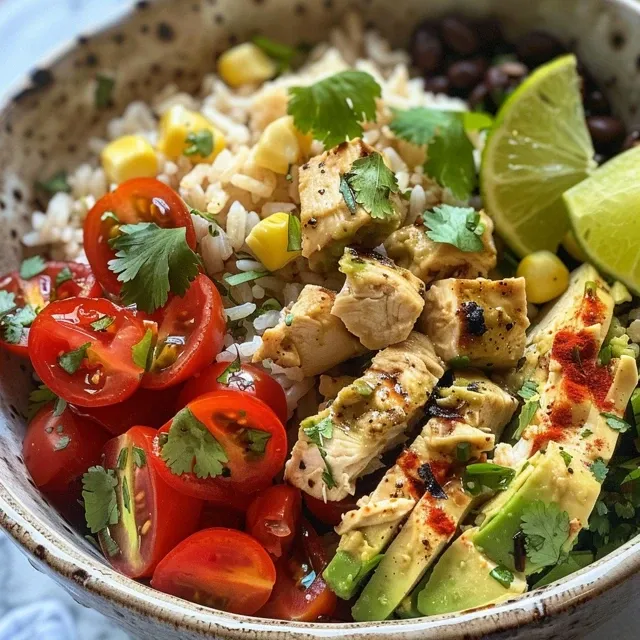 Detailed shot of a rice bowl filled with avocado, chicken, and a variety of toppings.