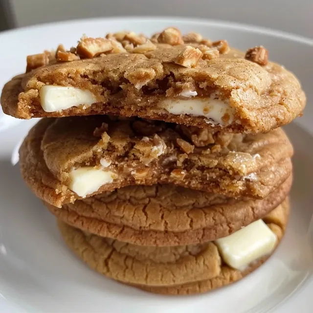 An appetizing side view of a cookie bursting with creamy Biscoff and white chocolate chips.