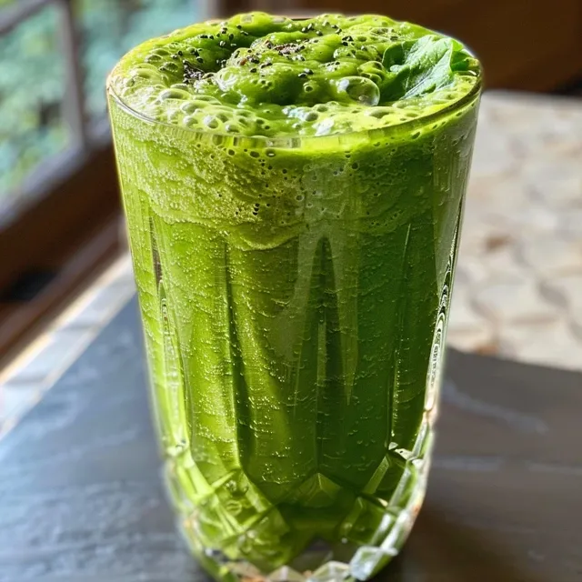 Thick green smoothie showcasing spinach, ginger, and apple in a modern setting.