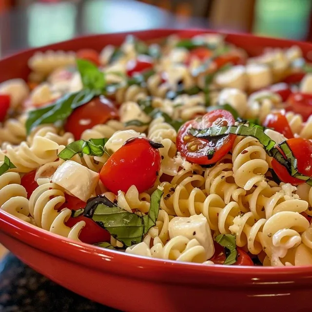 Juicy Caprese Pasta Salad with halved mozzarella balls and cherry tomatoes, garnished with basil.