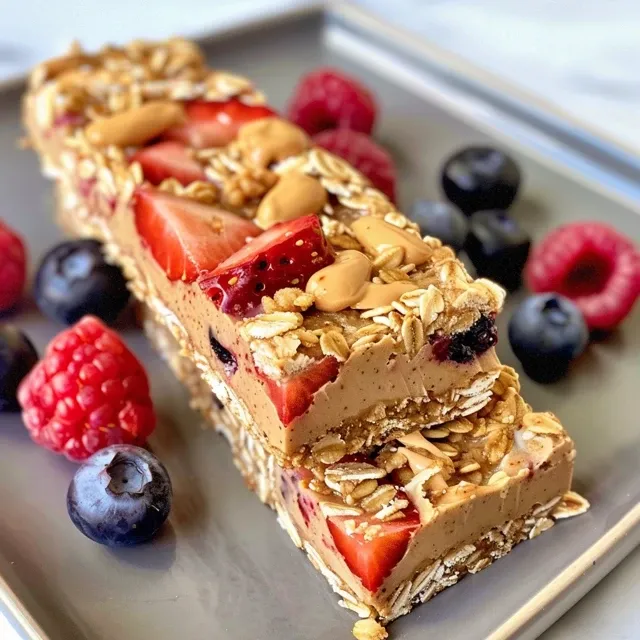 Juicy frozen yogurt granola bars showcasing layers of oats and berries, captured in vibrant colors.