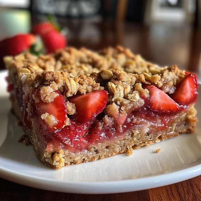 Juicy strawberry-filled oatmeal bars with a crumbly topping, captured from a side angle.