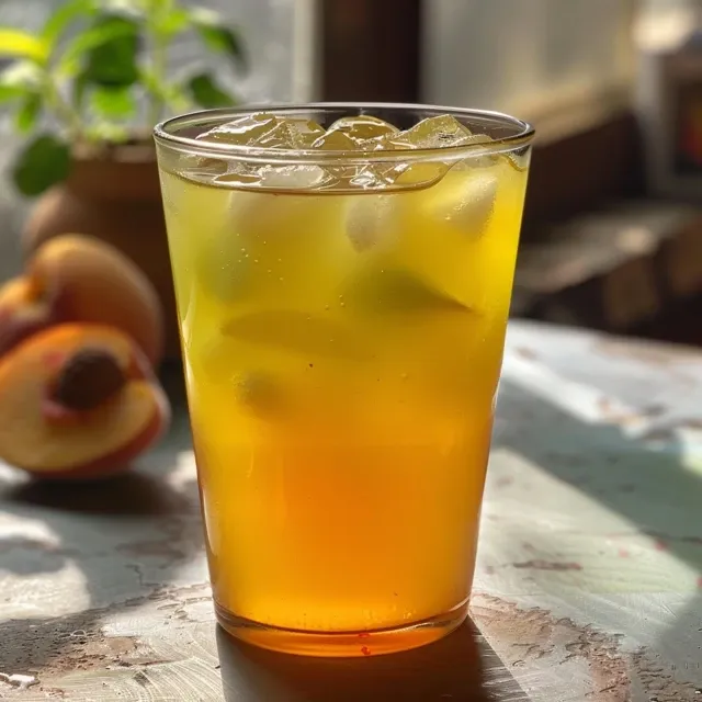A side view of a delicious iced peach green tea lemonade with ice and a lemon wedge, ready to be enjoyed.