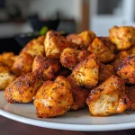 Close-up of golden-brown air fryer chicken bites on a plate.