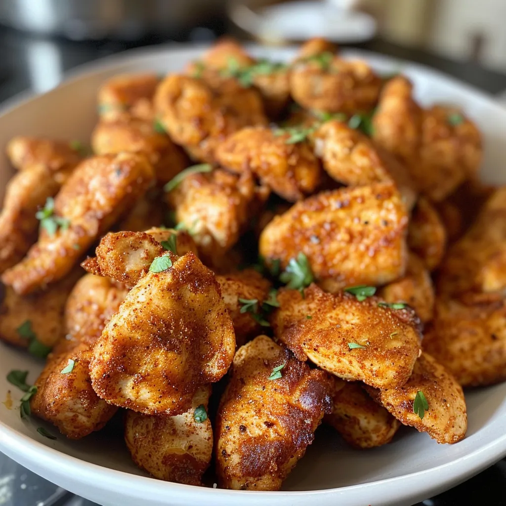 Side view of crispy chicken bites cooked in an air fryer, garnished with herbs.