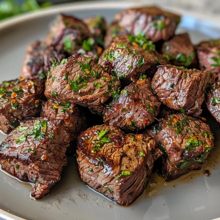 Close-up image of savory steak bites coated in garlic butter, showcasing their juicy texture and seasoning.