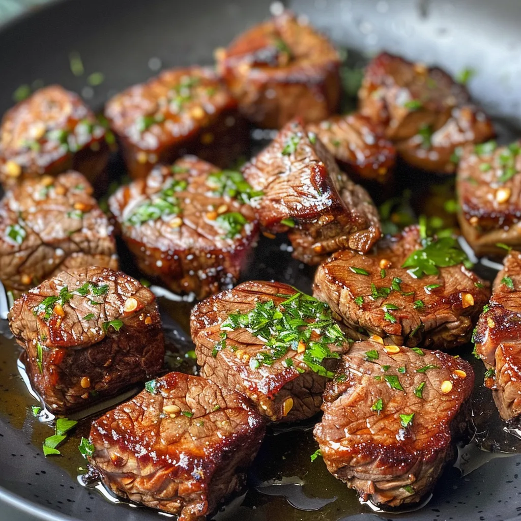 Side view of succulent air-fried steak bites, garnished with fresh parsley and aromatic garlic.