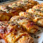 Close-up of golden Air Fryer Pizza Rolls with steam rising.