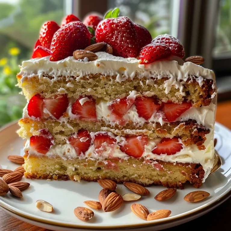 Elevate Your Baking: The Almond Strawberry Cake That Charms Every Palate Detailed look at an almond strawberry cake with sliced almonds and halved strawberries on top.