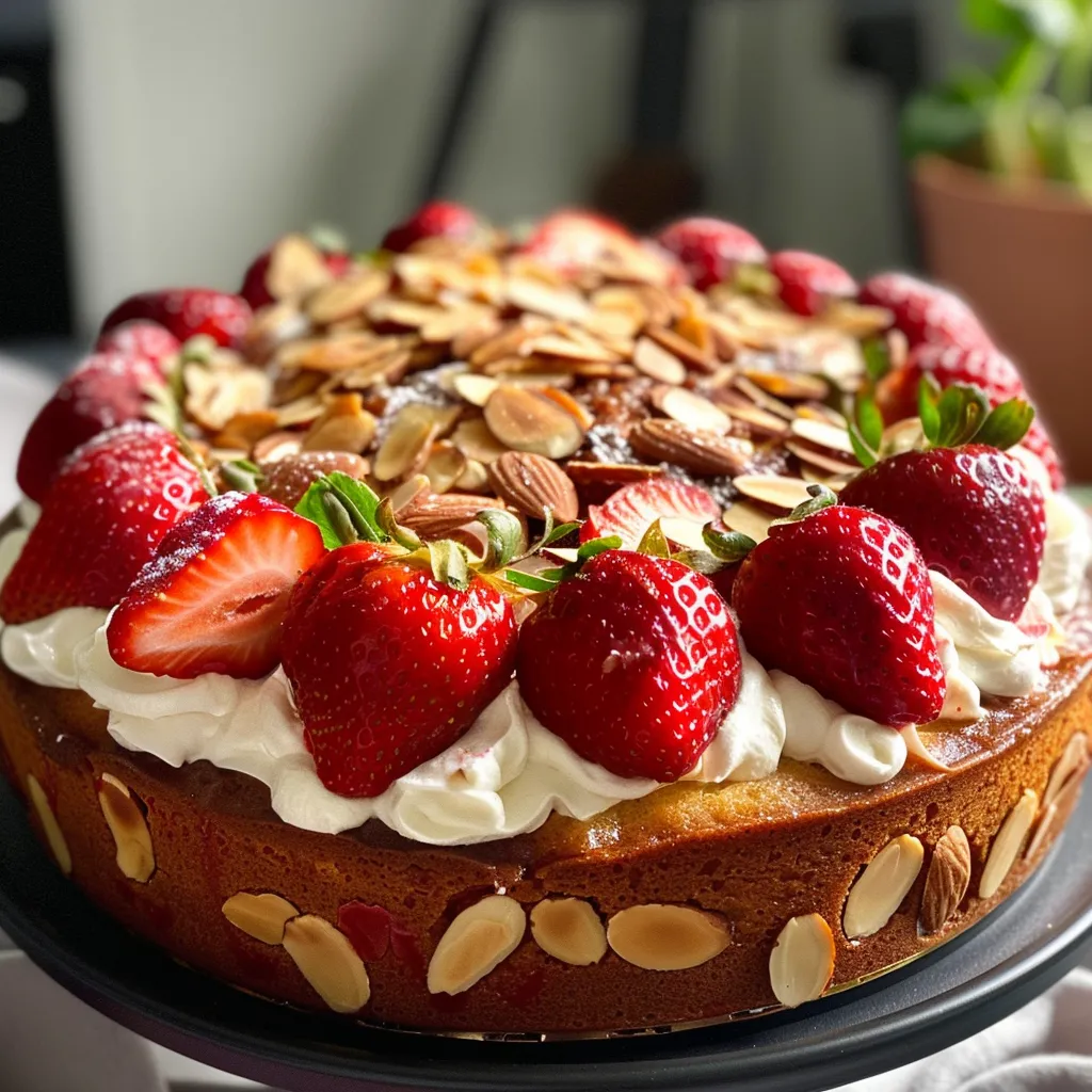 Close-up image of a luscious almond strawberry cake side view, highlighting its creamy frosting and fruit.