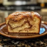 Close-up of a moist slice of Amish Cinnamon Bread on a wooden cutting board.