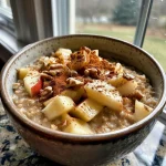 Close-up view of warm apple cinnamon oatmeal topped with pecans and maple syrup.