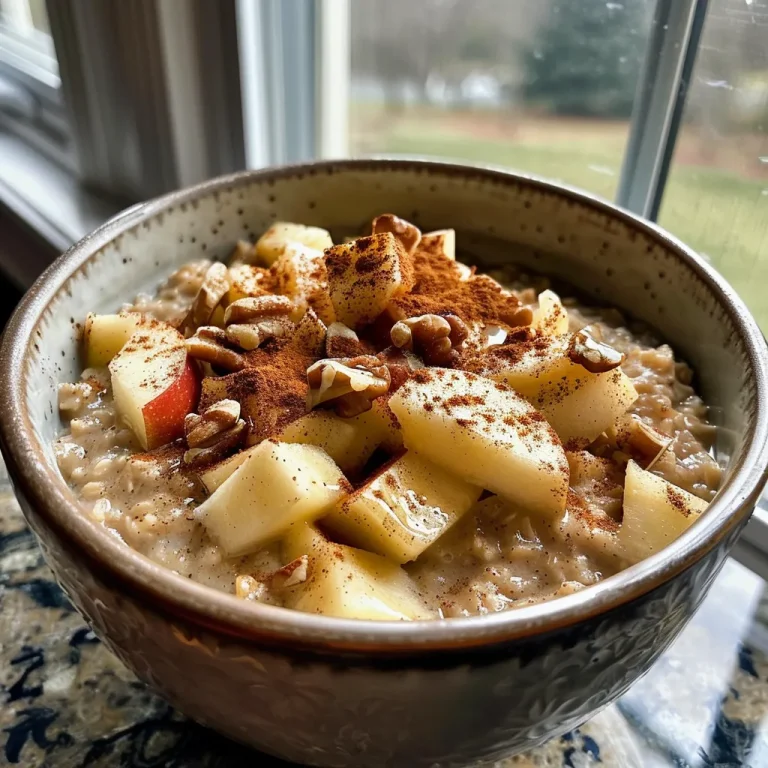 Close-up view of warm apple cinnamon oatmeal topped with pecans and maple syrup.