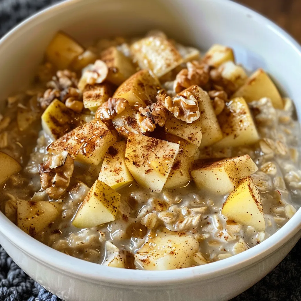 A detailed close-up of a bowl filled with apple cinnamon oatmeal garnished with diced apples.
