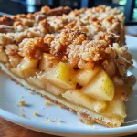 Close-up of a golden-brown apple crumble tart with a crisp topping.