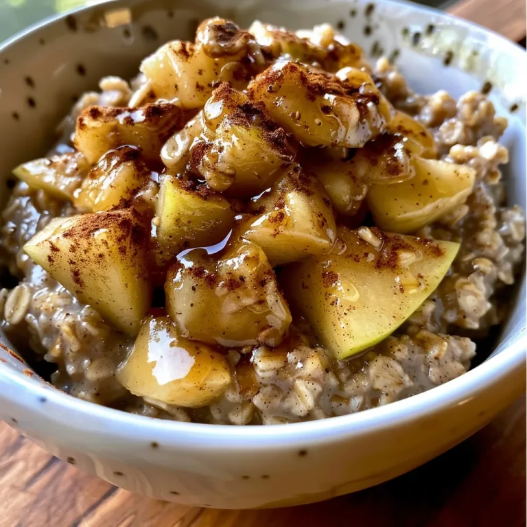 A close-up view of a bowl of Apple Pie Oats, highlighting diced apples and a sprinkle of cinnamon.