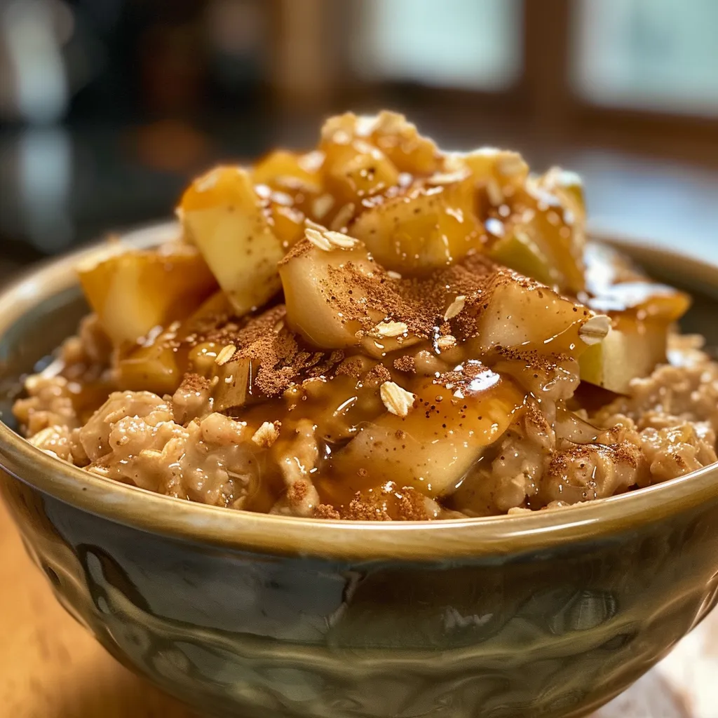 A side view of a creamy bowl of oatmeal topped with apples, honey, and flax seeds.