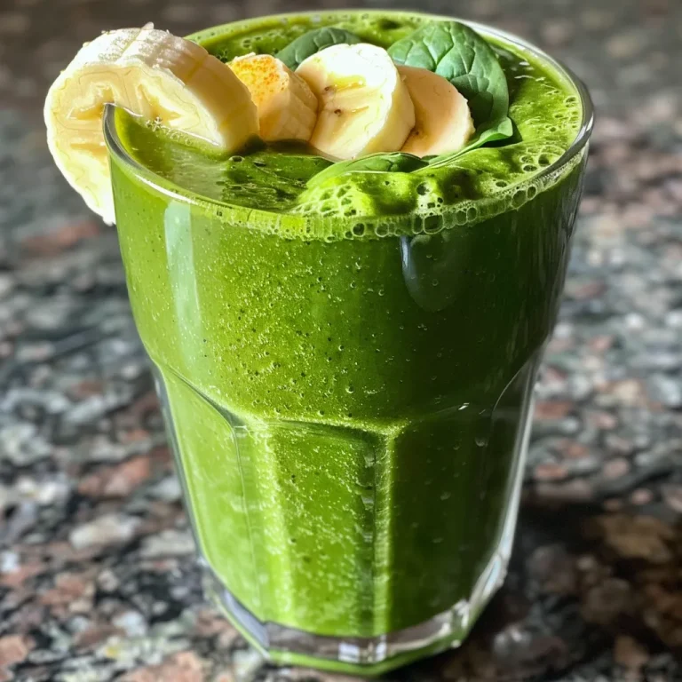 Close-up side view of a green Apple Spinach Smoothie in a glass with ice.