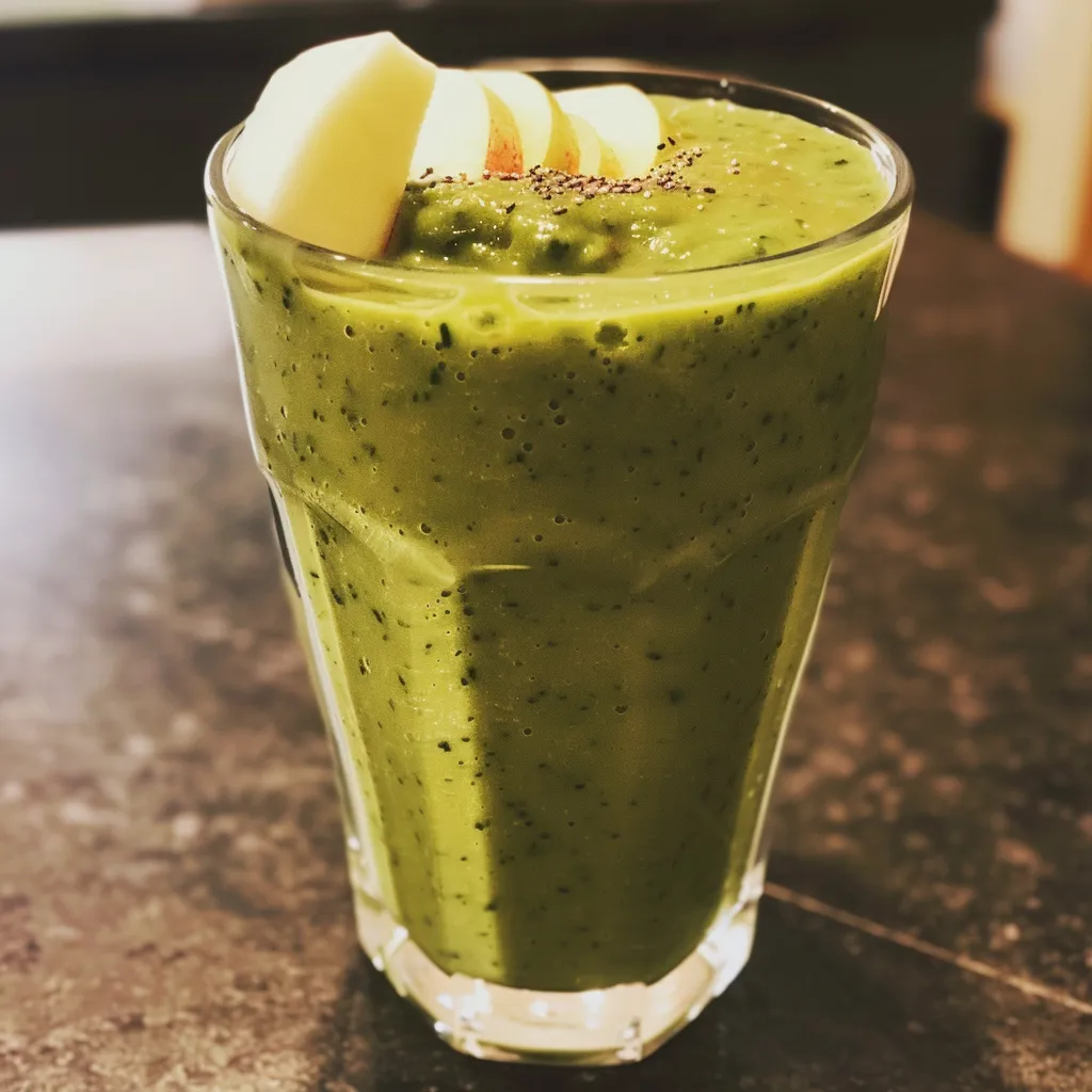 Fresh Apple Spinach Smoothie in a clear glass, showcasing vibrant green color and ice.