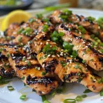 Close-up view of juicy grilled chicken with a shiny glaze and garnish.
