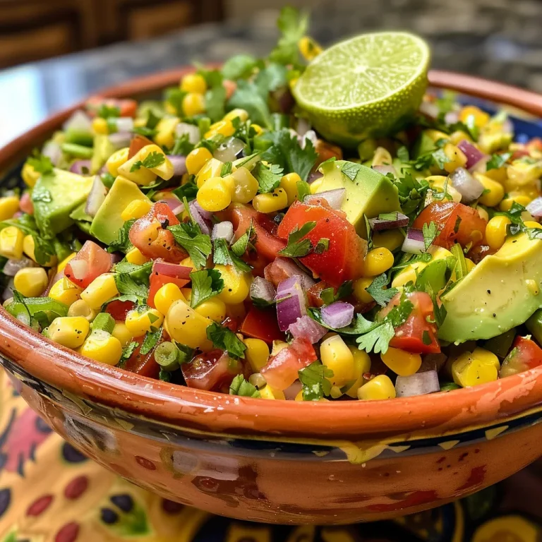 Brighten Your Table with Fresh Avocado Corn Salsa A detailed image of a bowl filled with creamy avocado, sweet corn, and diced vegetables, highlighting the salsa's texture.