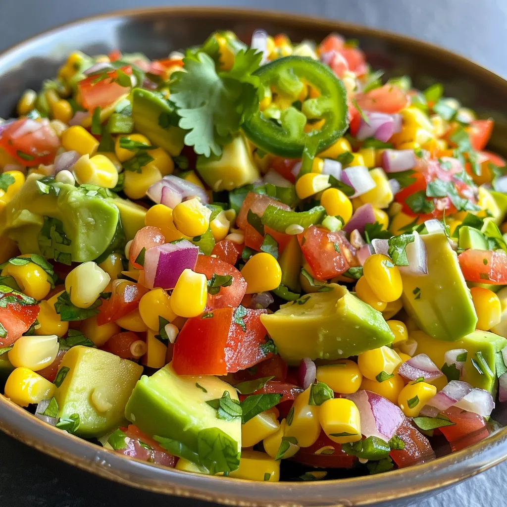 A close-up shot of fresh avocado corn salsa with diced ingredients arranged beautifully in a bowl.