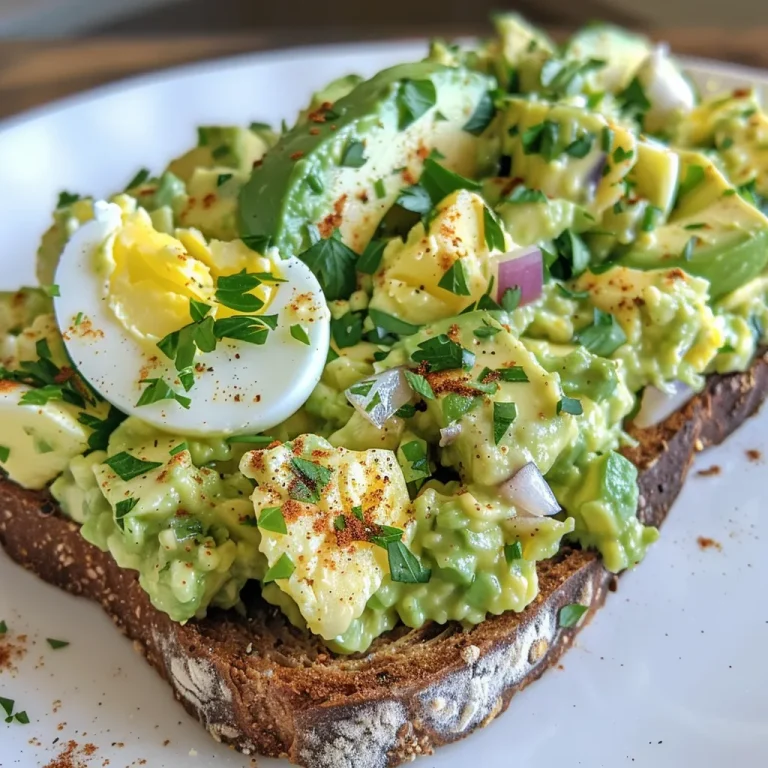 Juicy avocado egg salad spread on toasted bread with a sprinkle of paprika.