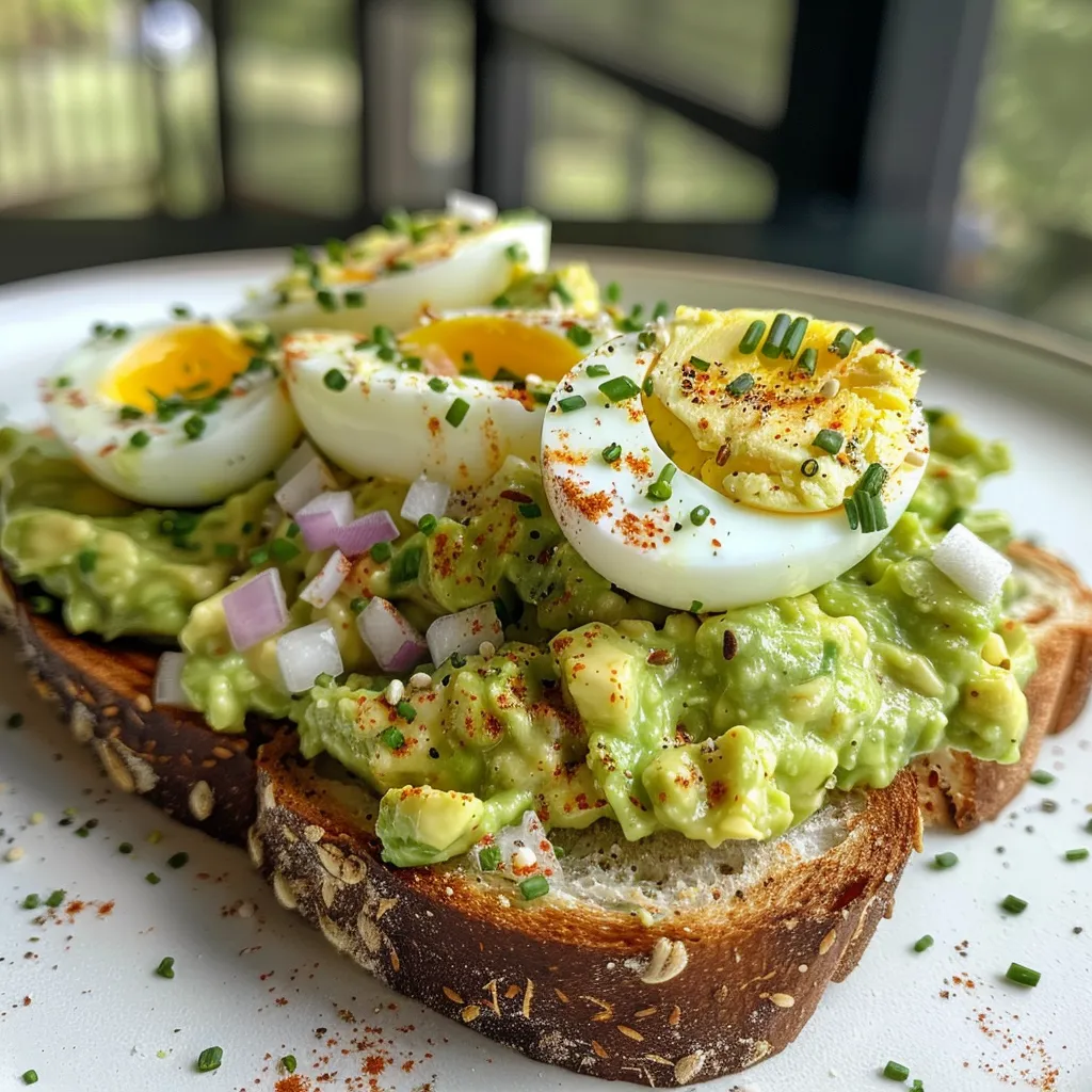 A mouthwatering slice of egg salad toast featuring ripe avocados and herbs.
