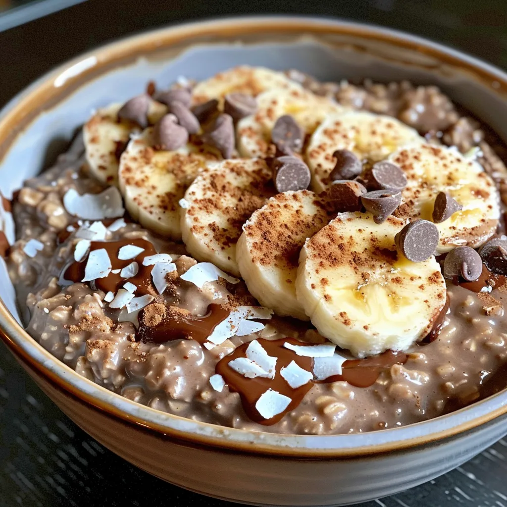 Side view of creamy banana chocolate oatmeal in a bowl garnished with chopped nuts and coconut flakes.
